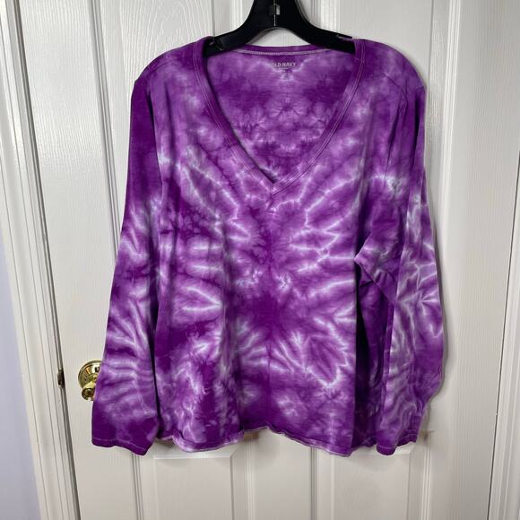 handmade tie dyed ladies' long sleeve v-neck tshirt XXL crinkle lightning - Picture 2 of 7